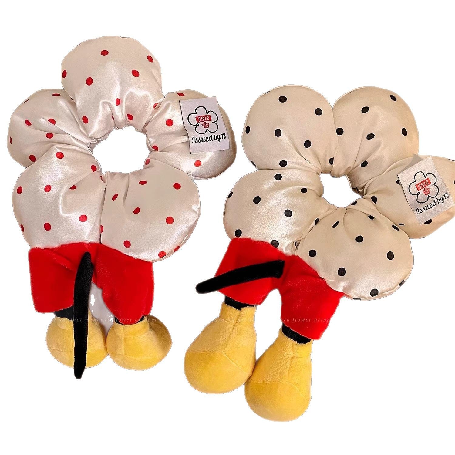 Mickey Flower Polka Dot Hair Scrunchie – Cute Plush Ball Princess Hair Tie for Women