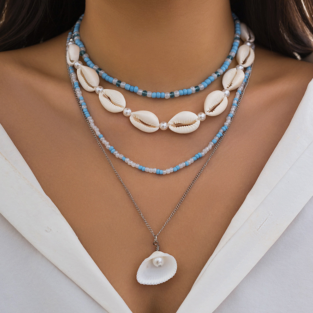 Blue Shell Harmony Dual Bead Necklace for Women – Fashionable Alloy Jewelry
