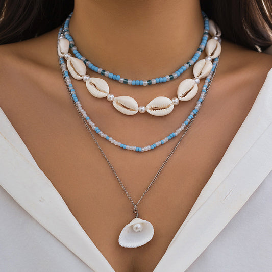 Blue Shell Harmony Dual Bead Necklace for Women – Fashionable Alloy Jewelry