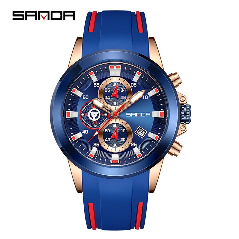 Sanda Men's Retro Quartz Watch – Multi-Function Three-Eye Calendar Silicone Strap