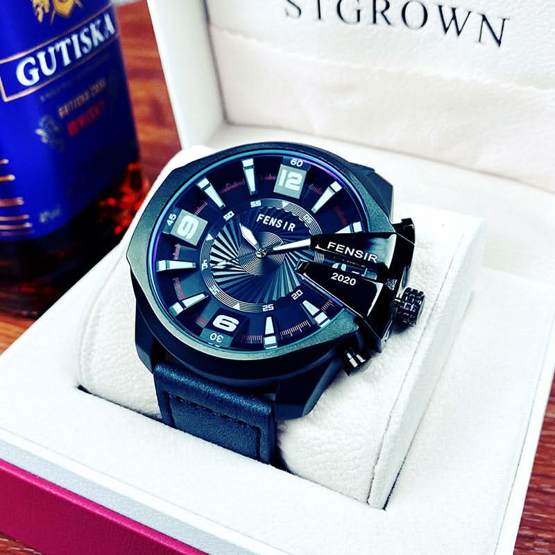 Men’s Oversized Quartz Watch with Calendar –Leather Strap Business Casual Timepiece