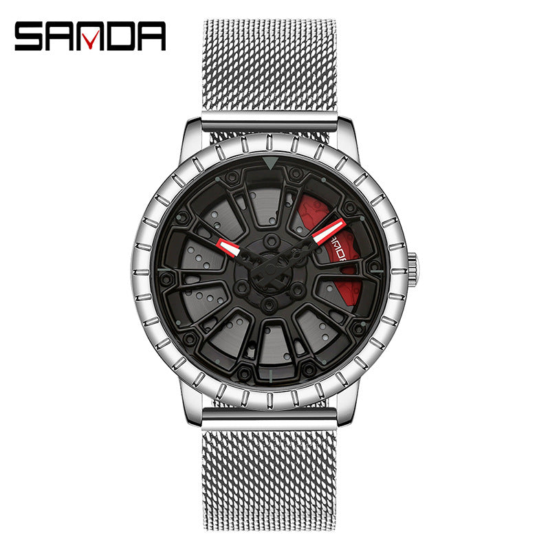 Sanda Men’s Quartz Watch – Hollow Dial, Mesh Stainless Steel Band, Waterproof Timepiece