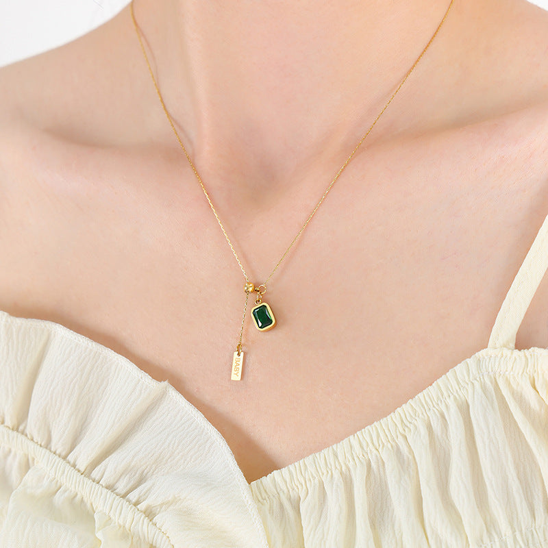 Green Emerald Drop Pendant Necklace – Titanium Steel Minimal Chic Jewelry