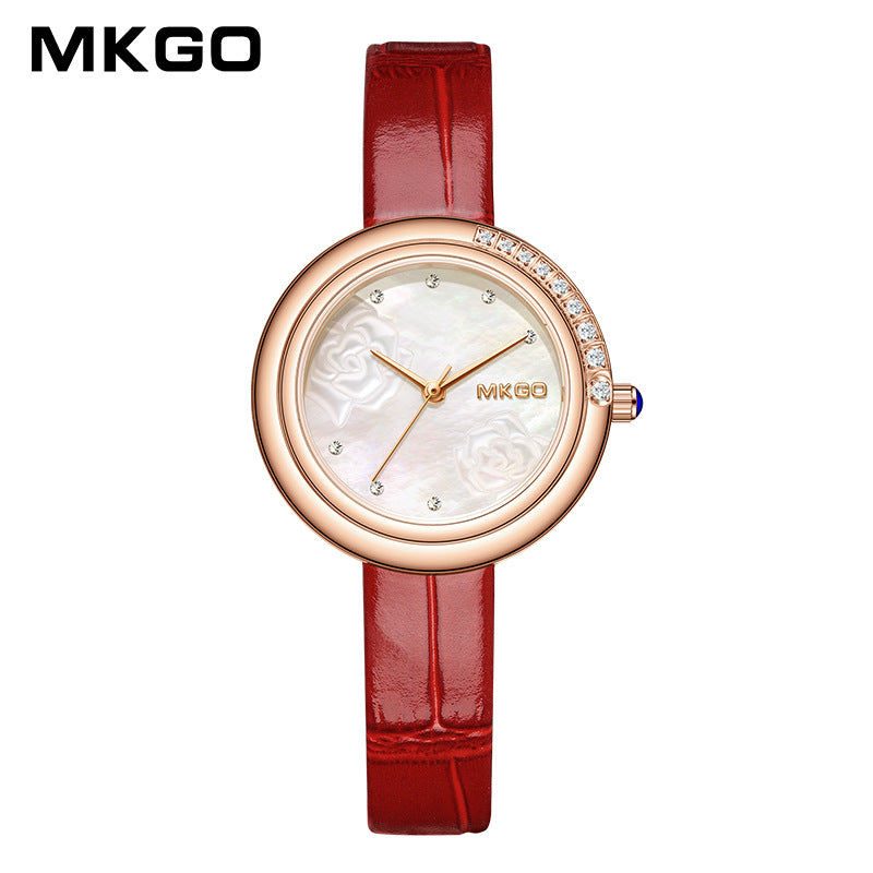 MKGO Luxury Women’s Pearl Dial Watch – High-End 3D Carved Quartz Fashion Timepiece