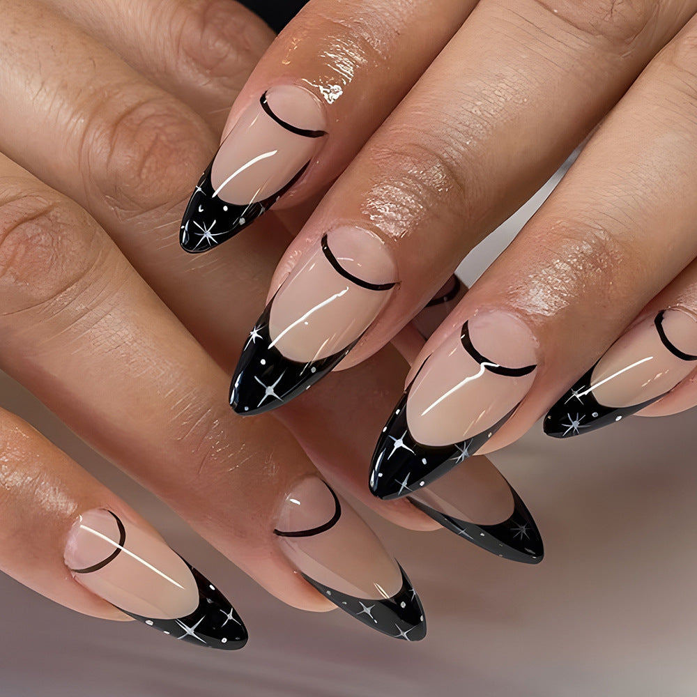 Black French Star Press-On Nails – Long Stiletto Gel Tips with Half-Moon Design