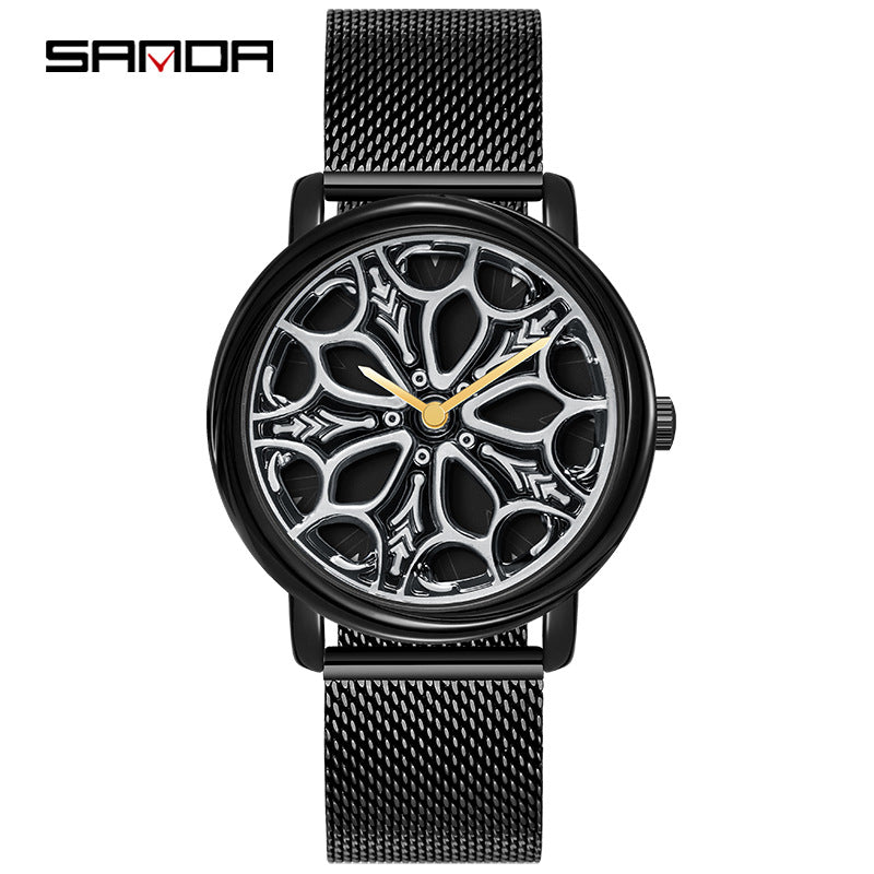 Sanda Men’s Quartz Watch – Rotating Dial, Mesh Stainless Steel Strap, Casual Timepiece
