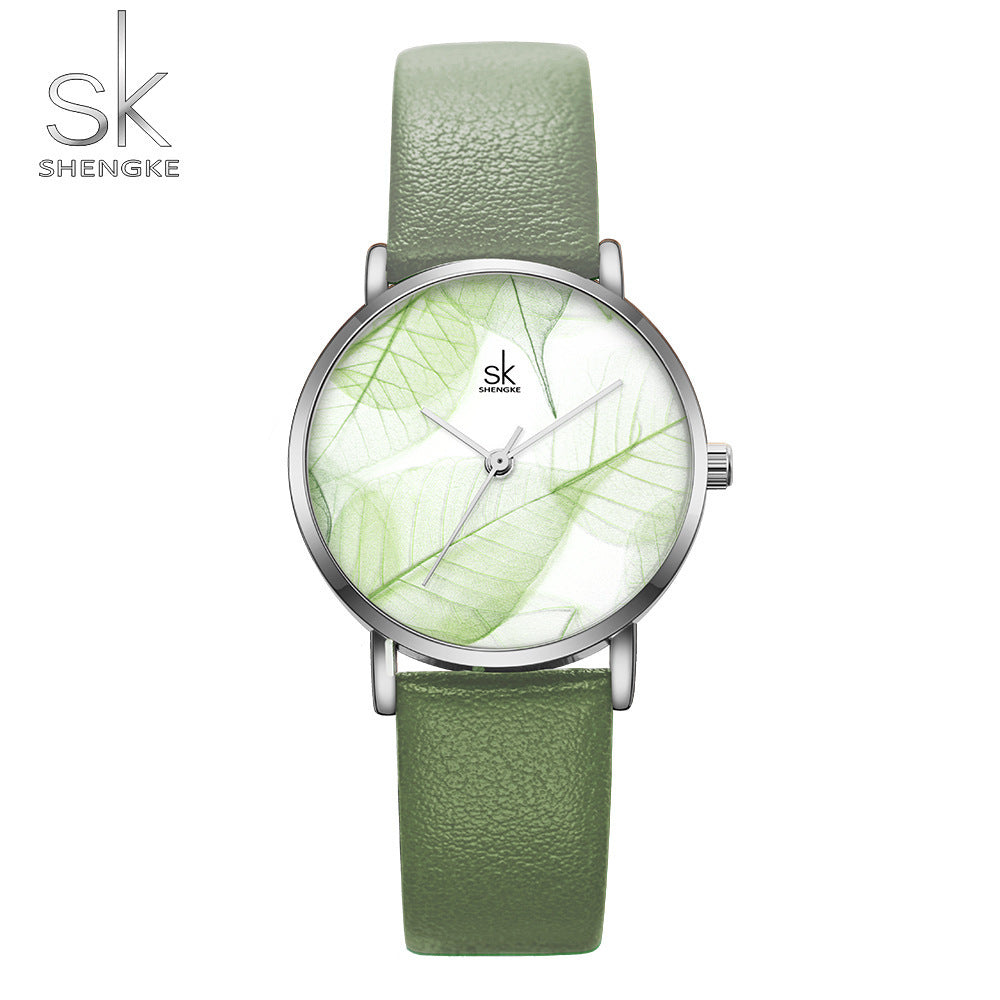 SK Women’s Quartz Watch – Leaf Design Dial with Leather Strap, Waterproof Timepiece