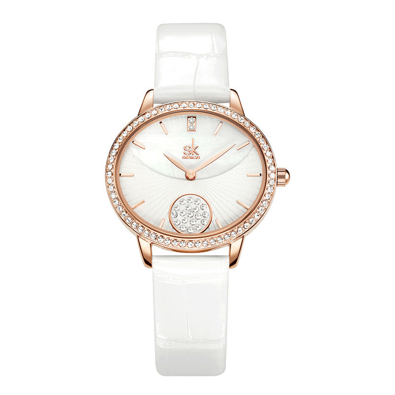SK Women’s Diamond Quartz Watch – Casual Leather Strap, 30M Waterproof Round Dial