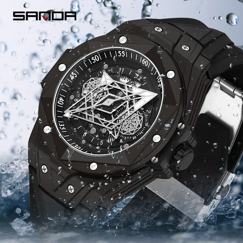 SANDA Luminous Men’s Quartz Watch – Fashion Hollow Dial Silicone Strap Watch