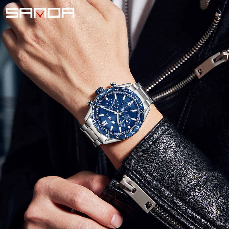 Sanda Men's Quartz Watch – Three-Eye Calendar Stainless Steel Strap Waterproof