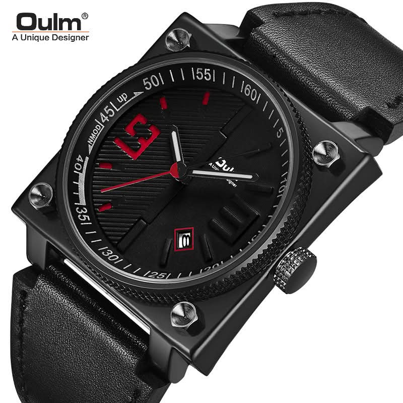 Men’s Square Leather Quartz Watch – Week & Date Display