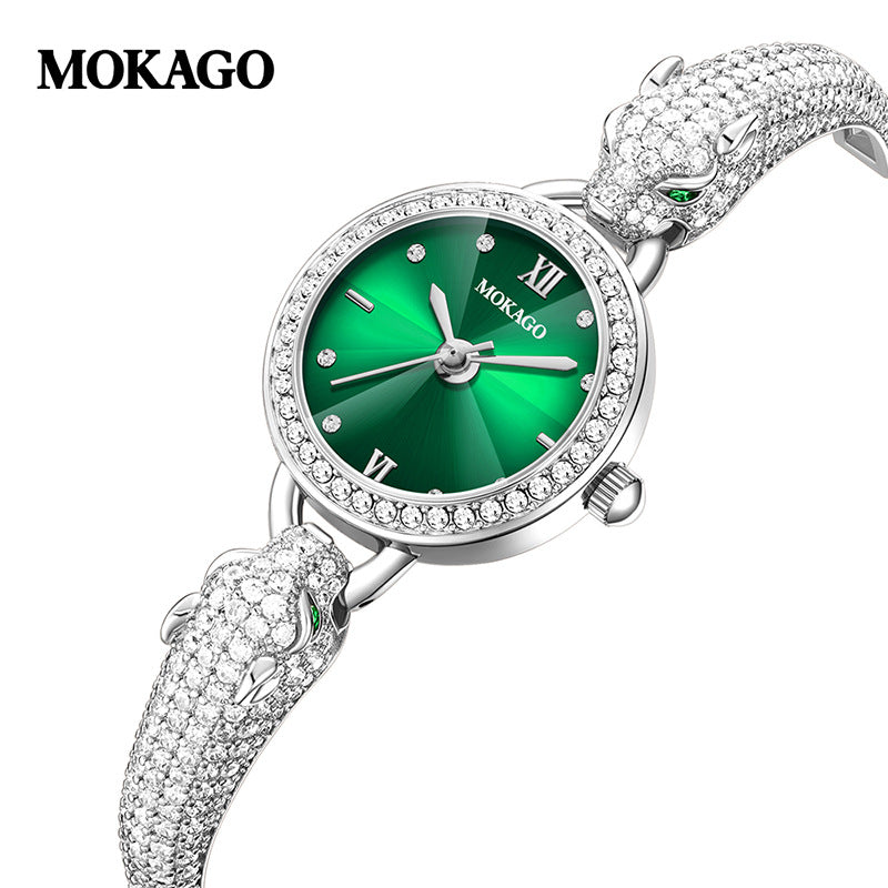 Mokago Women’s Diamond Leopard Head Quartz Watch – Fashion Bracelet Timepiece