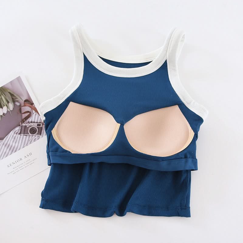Women's Padded Tank Top – Sleeveless Contrast Color Crop Vest with High Neck