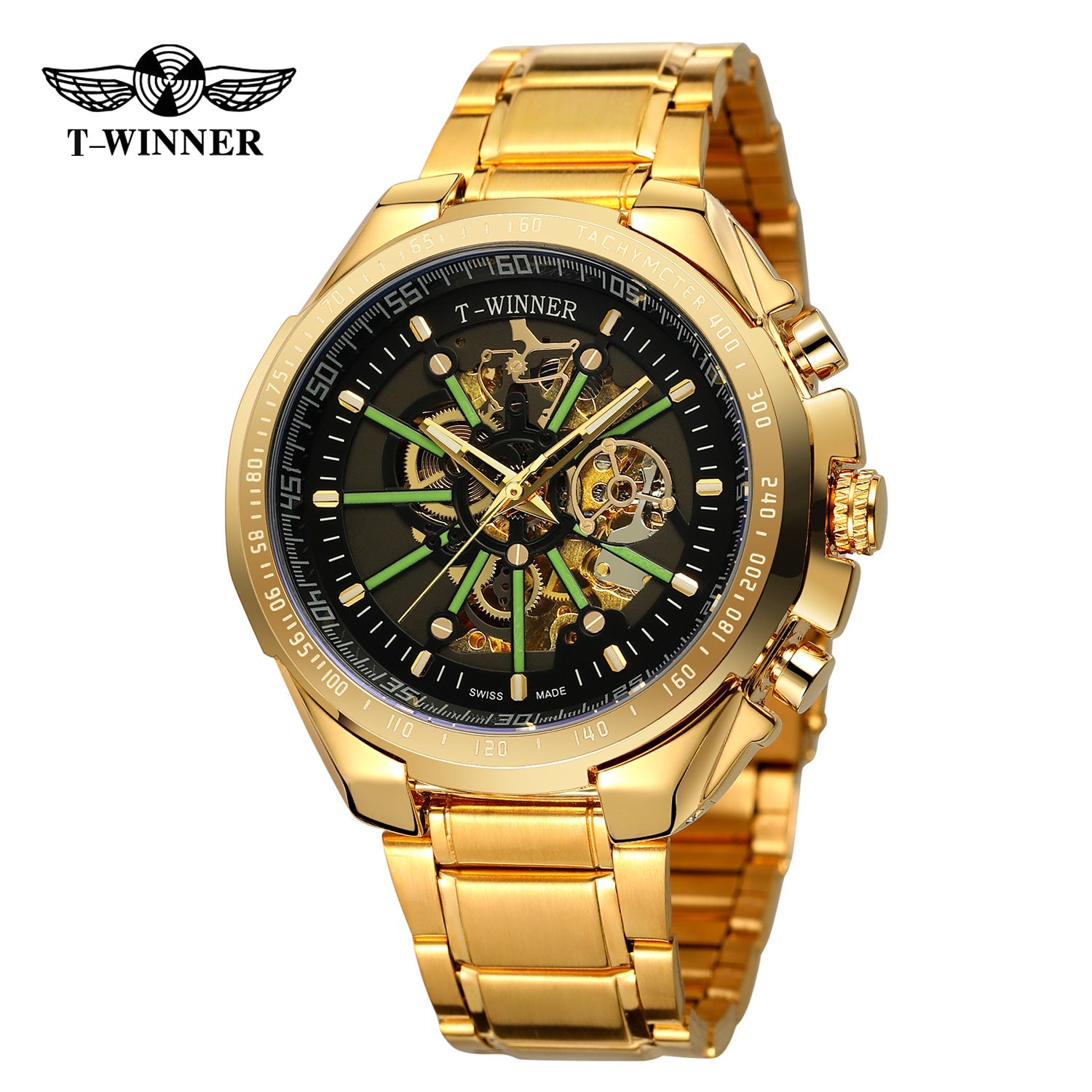T-Winner Men’s Skeleton Automatic Mechanical Watch – Luminous Dial, Stainless Steel Strap