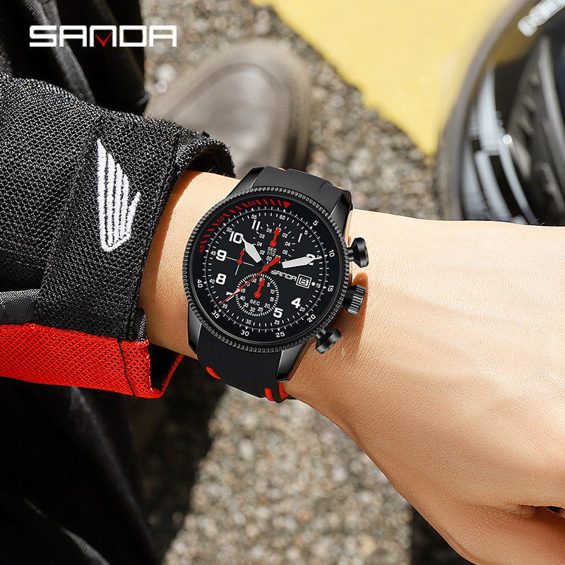 Sanda Men’s Quartz Watch – Three-Eye Chronograph, Silicone Strap Analog Watch
