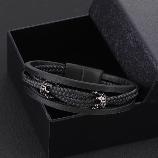 Men’s Stylish Crown Leather Bracelet – Cuff with Magnetic Buckle