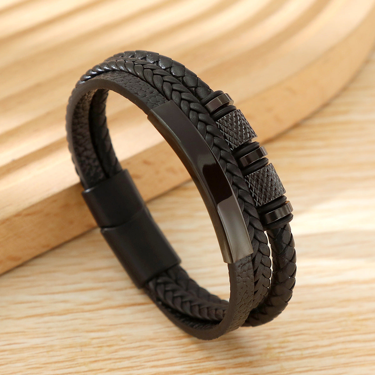 Men’s Leather Bracelet – Geometric Multi-Layer Design with Magnetic Alloy Clasp