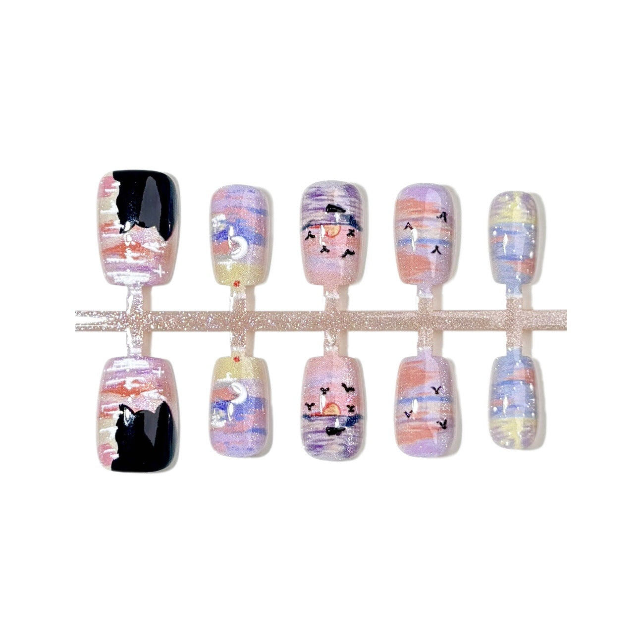 Artistic Sunset Cat Press-On Nails – Oval Gradient Pastel Acrylic Nails