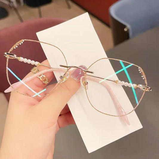 Elegant Diamond-Cut Frameless Anti-Blue Light Reading Glasses – Large Gold Polygon Frame
