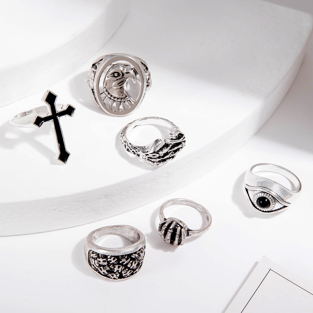 Punk Skull Ring Set for Men – 6-Piece Silver Alloy Gothic Jewelry Collection