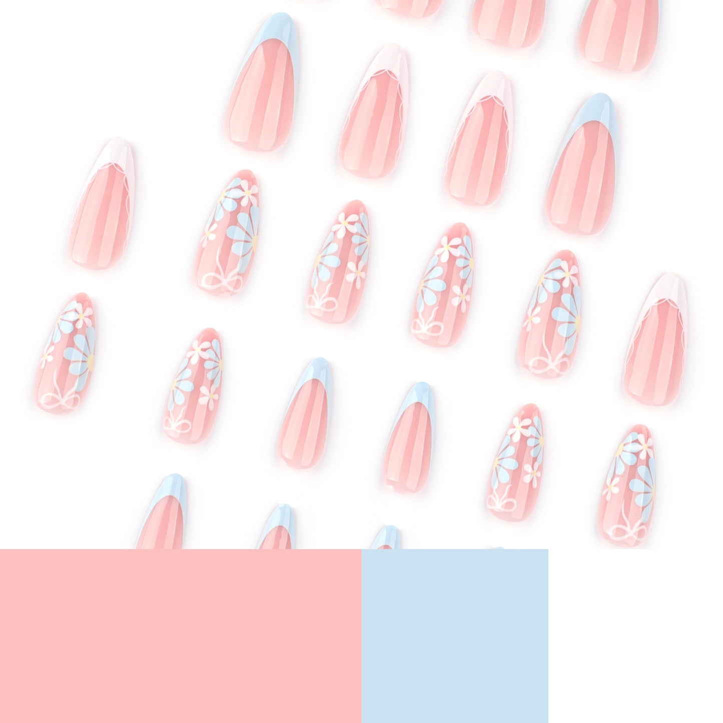 Long Almond Floral Press-On Nails with Matte Daisies & Bow – Cute Glue-On Nail Art