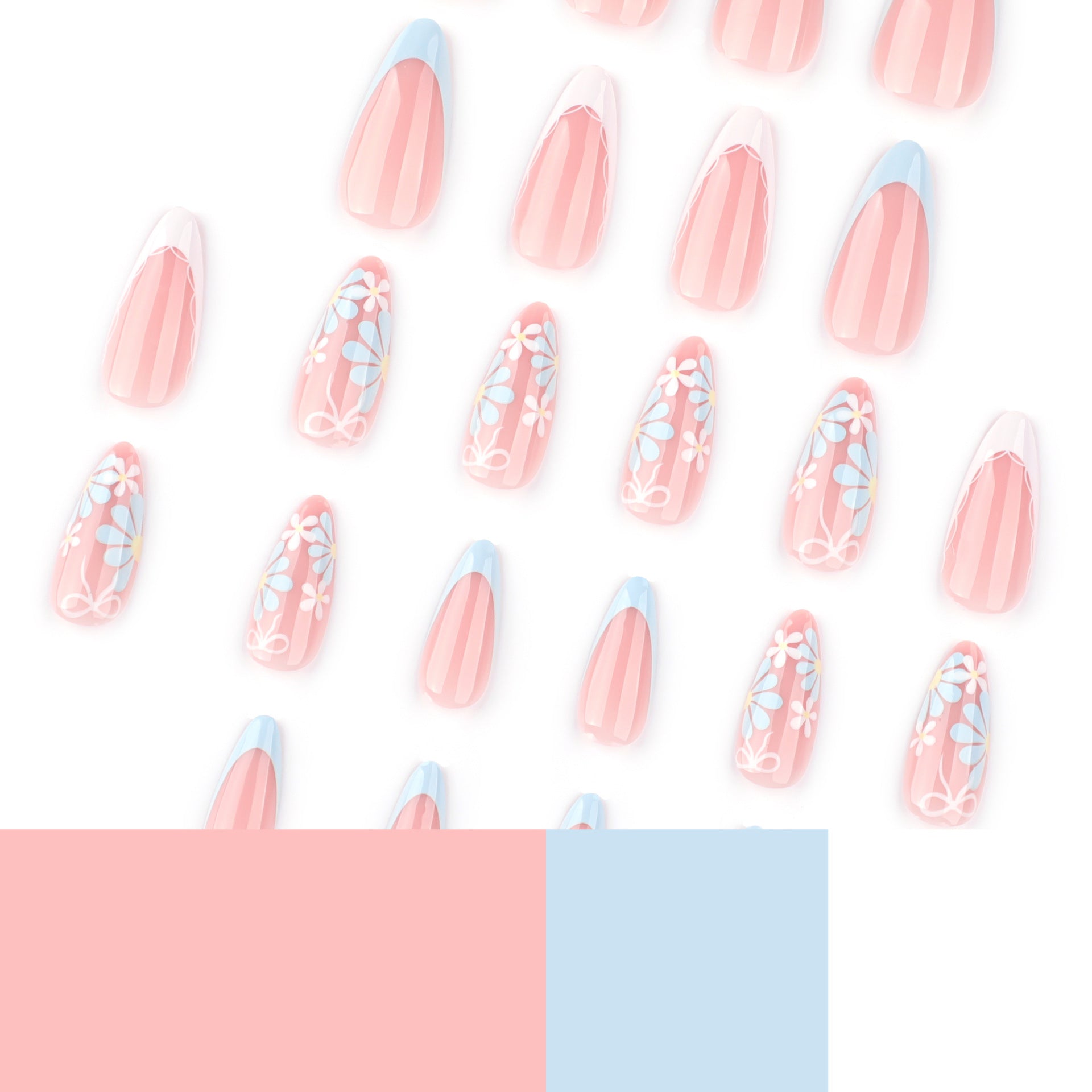 Long Almond Floral Press-On Nails with Matte Daisies & Bow – Cute Glue-On Nail Art