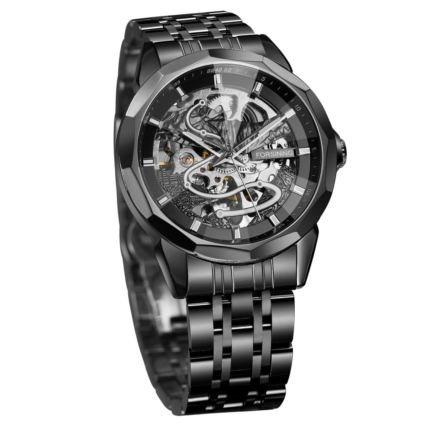 Men’s Mechanical Watch – Diamond Glass Dial, Stainless Steel Strap