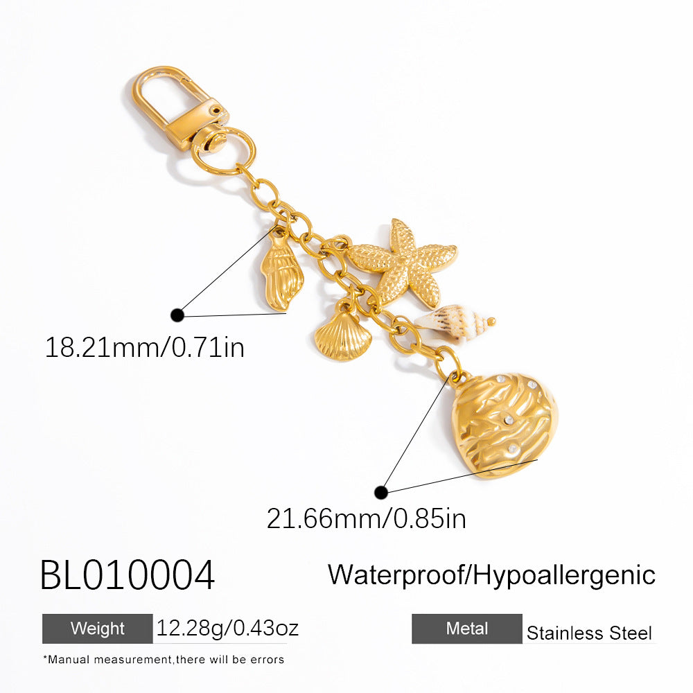 Ocean-Inspired Shell Keychain – Gold Stainless Steel Pendant with Pearl Accent