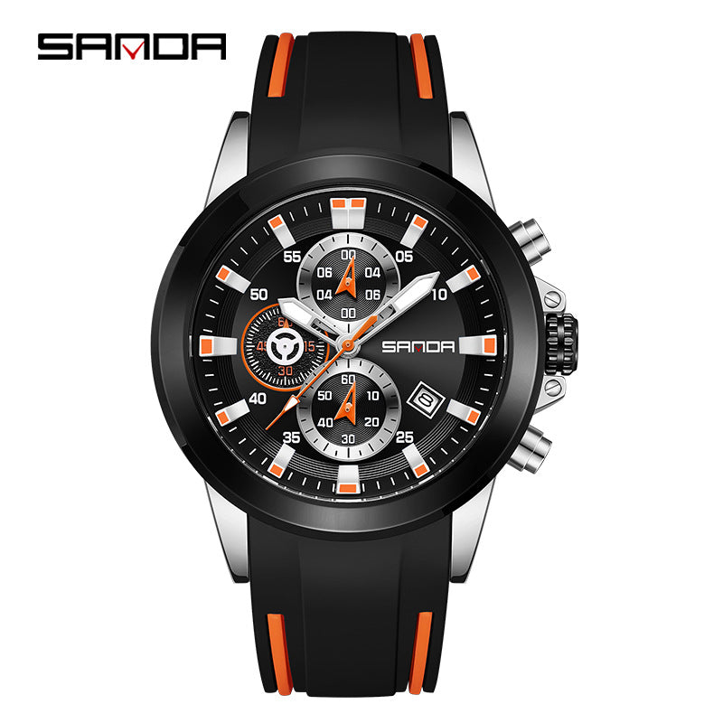 Sanda Men's Retro Quartz Watch – Multi-Function Three-Eye Calendar Silicone Strap