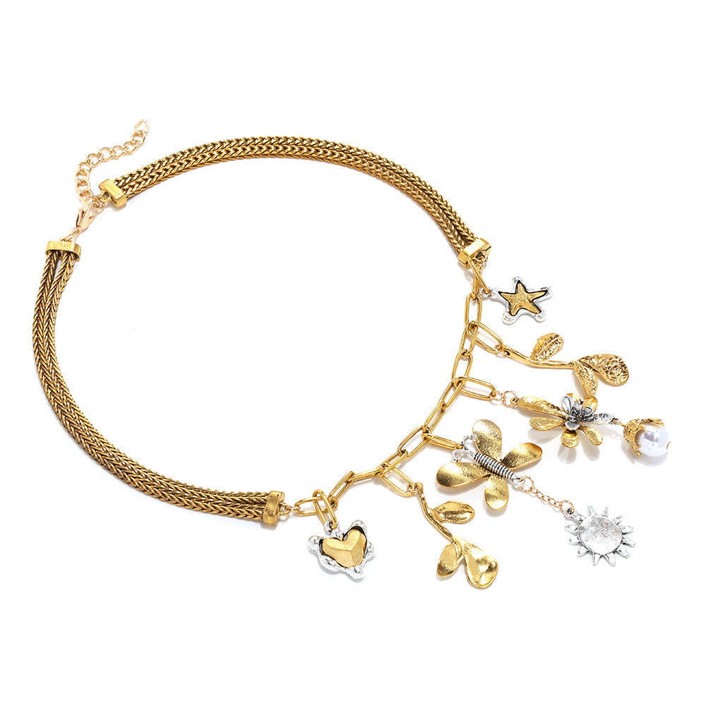 Butterfly & Flower Pendant Necklace – Trendy Metal Charm Jewelry for Women
