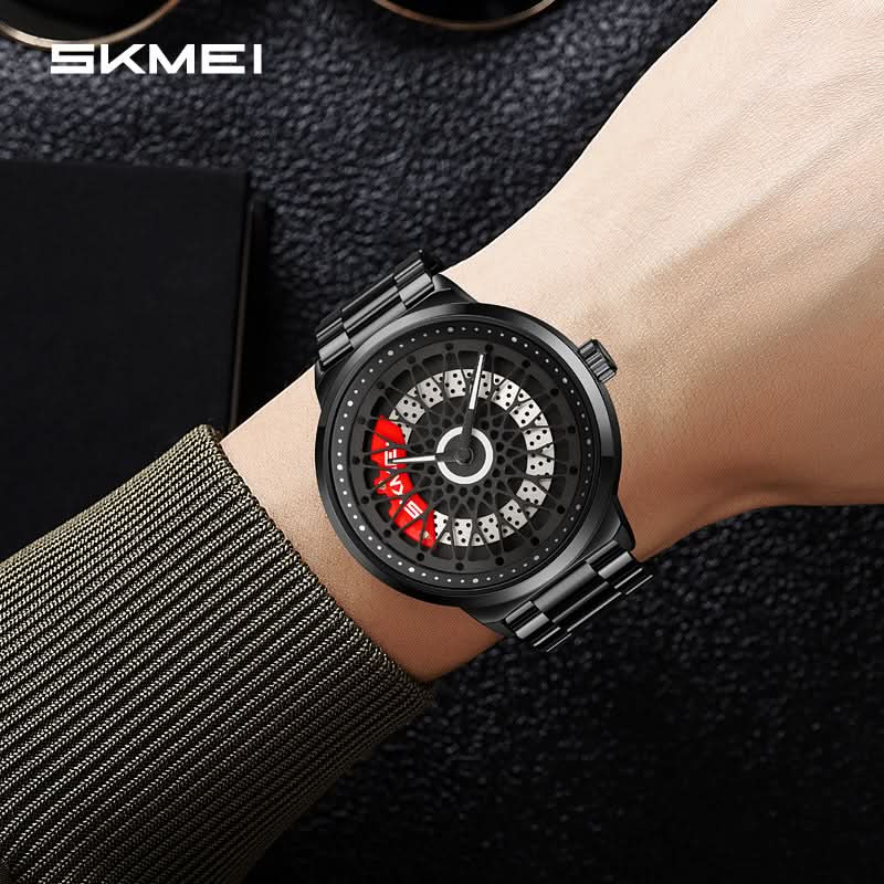 Men’s Waterproof Quartz Watch – Hollow Rotating Dial, Steel or Leather Strap