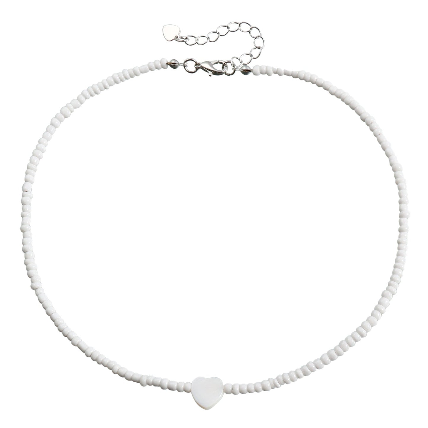 Bohemian Beaded Heart Pendant Necklace for Women – White Seed Bead Mother-of-Pearl
