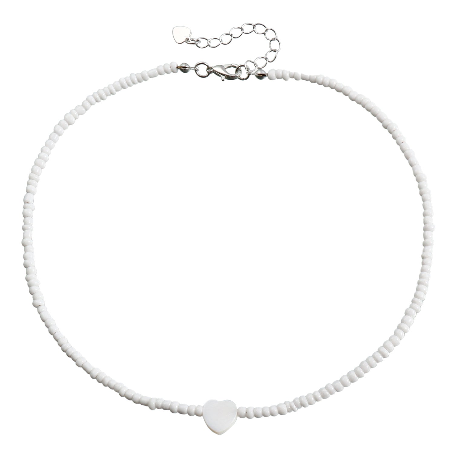 Bohemian Beaded Heart Pendant Necklace for Women – White Seed Bead Mother-of-Pearl
