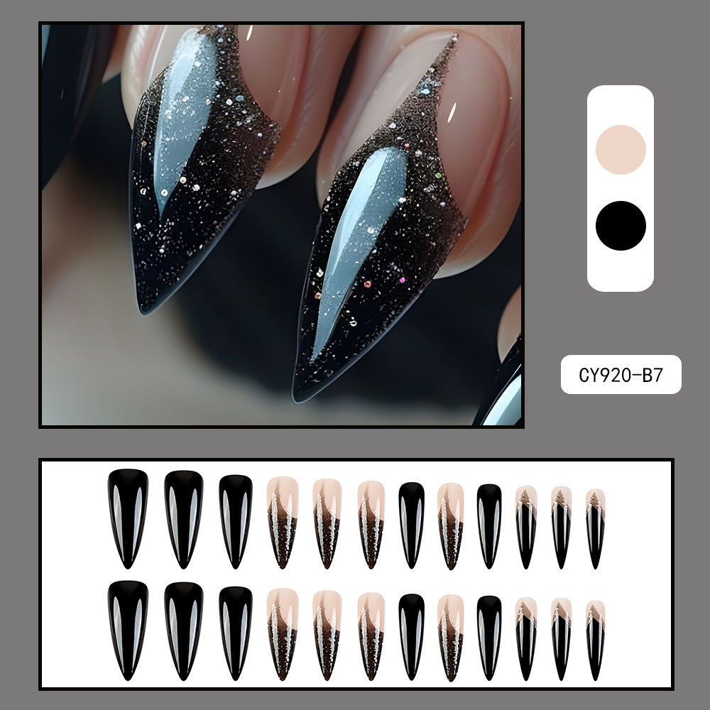 Black French Glitter Press-On Nails – Long Stiletto Acrylic Gradient Tips