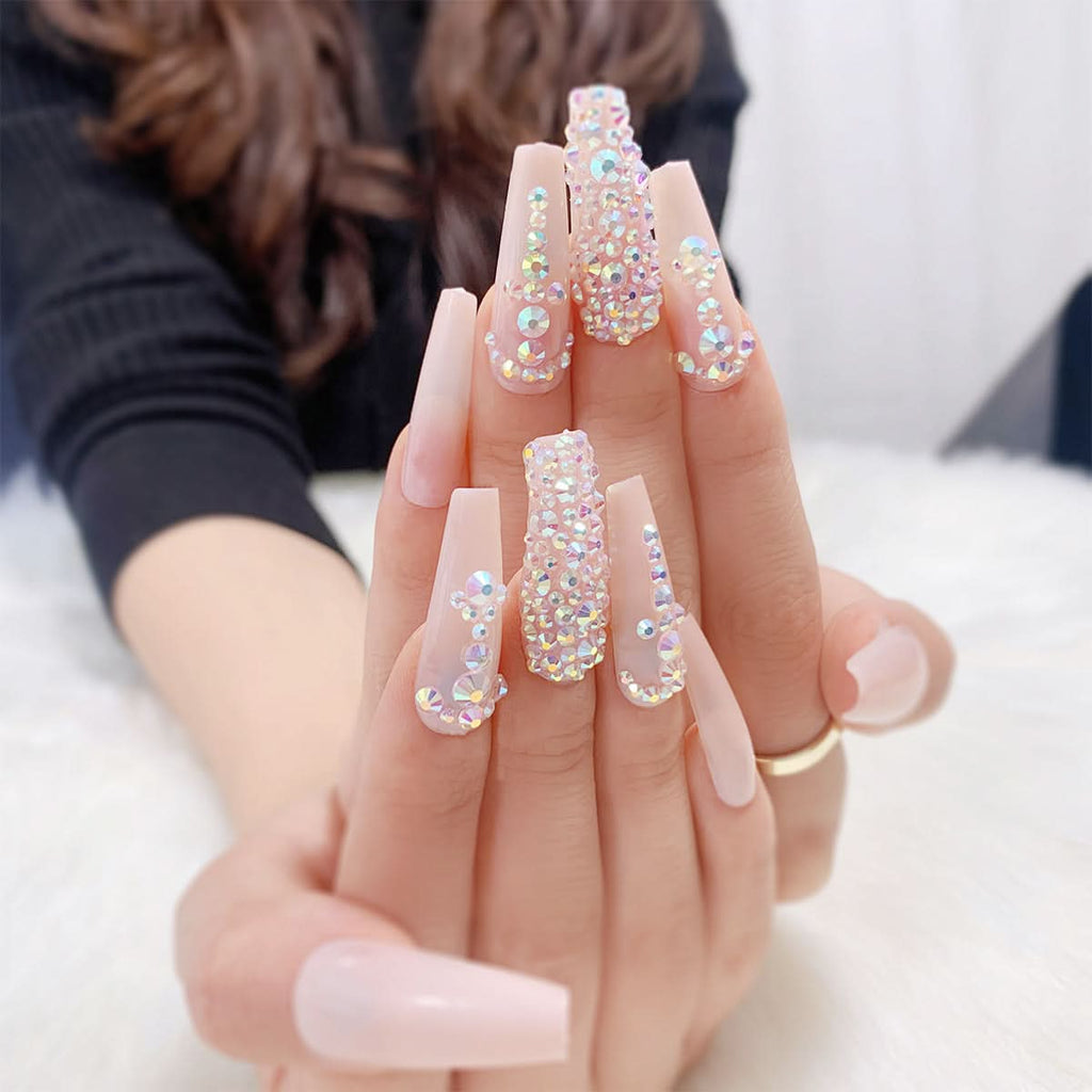 Nude Long Ballet Press-On Nails – 24-Piece Rhinestone Nail Art Set