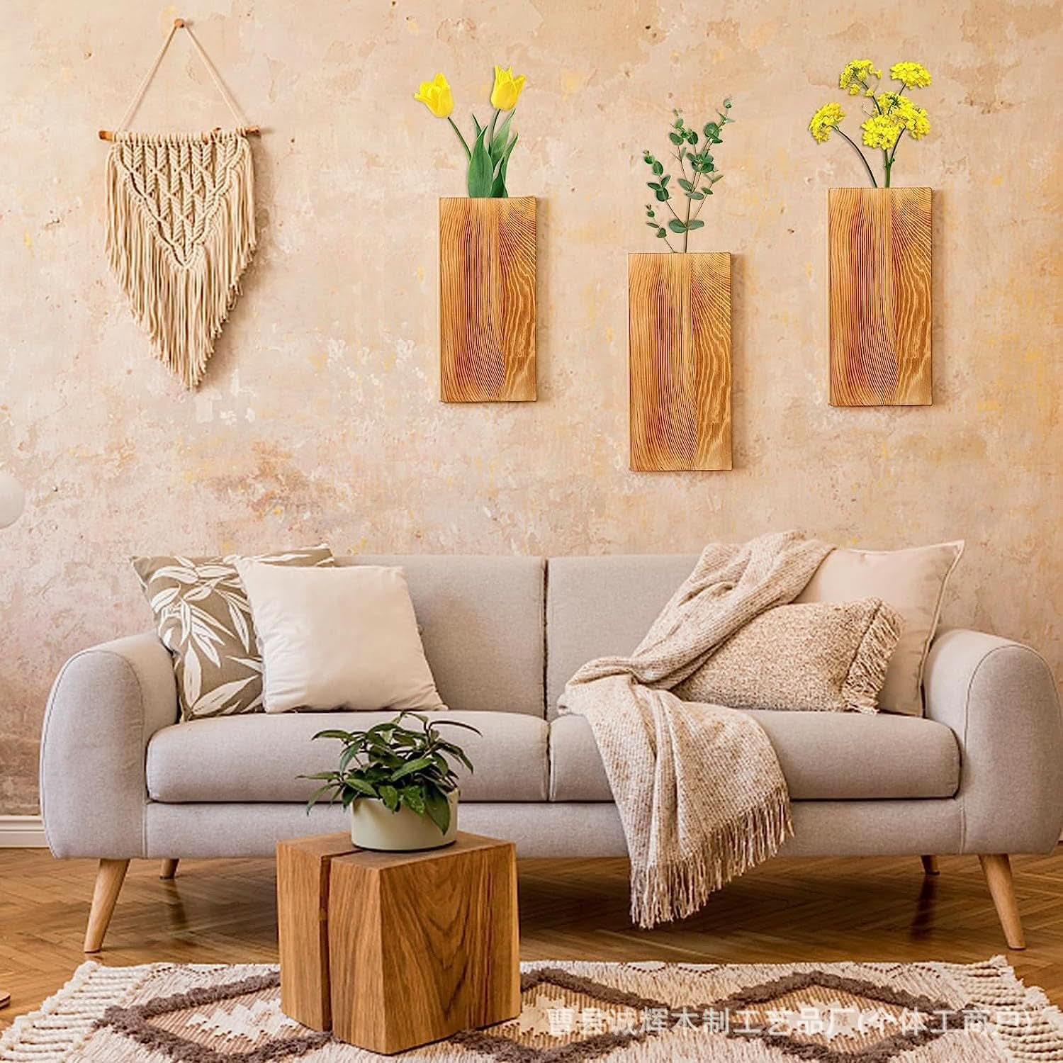 Japanese Style Wall Hanging Flower Stand - Solid Wood Art Decoration