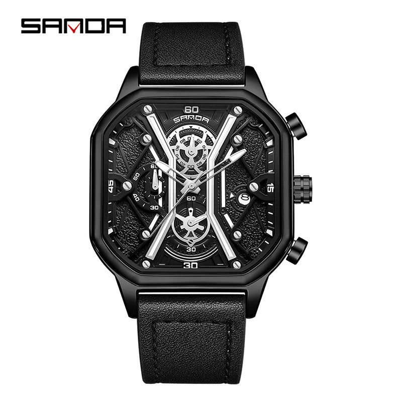 SANDA Men's Retro Square Quartz Watch – Waterproof Luminous Calendar Leather Strap
