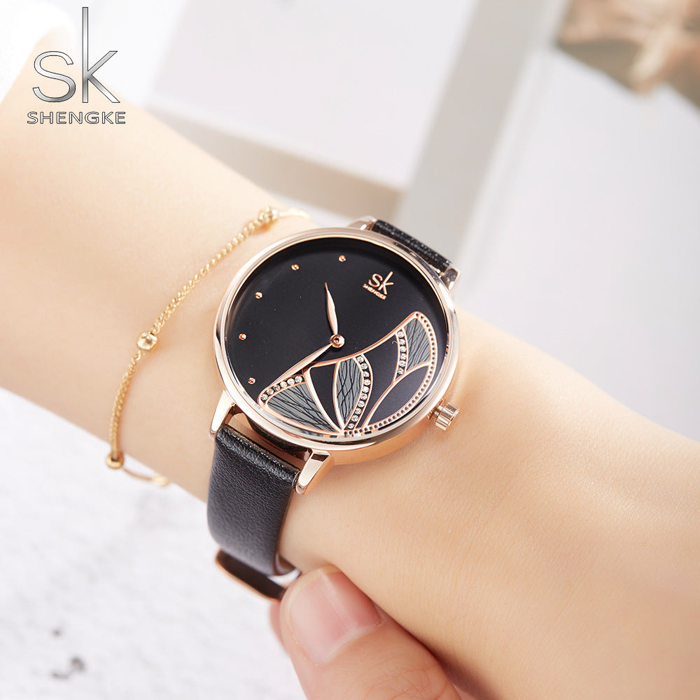 SK Women’s Quartz Watch – Butterfly Dial with Diamond Accents, Leather Strap