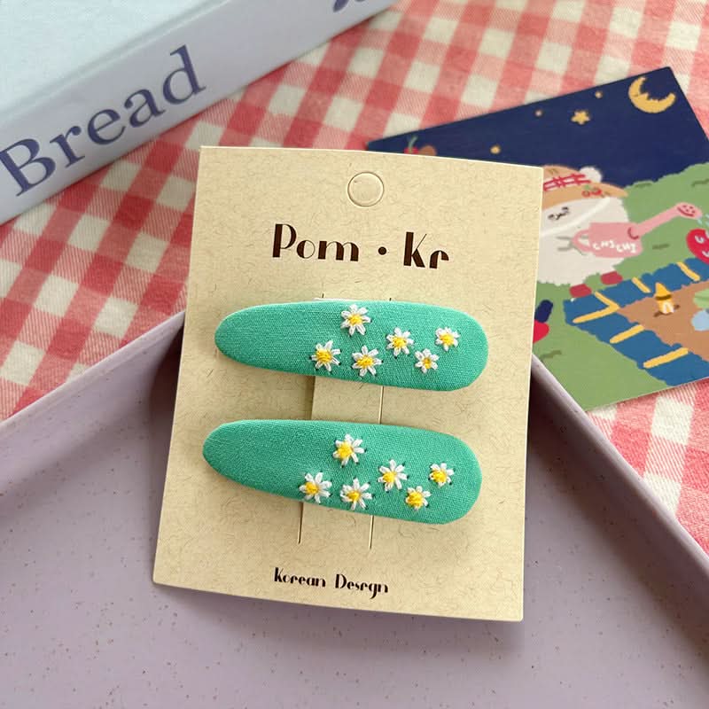 Korean Flower Drop Hair Clips for Girls – Cute Fabric Bangs & Side Clips (Pack of 4)