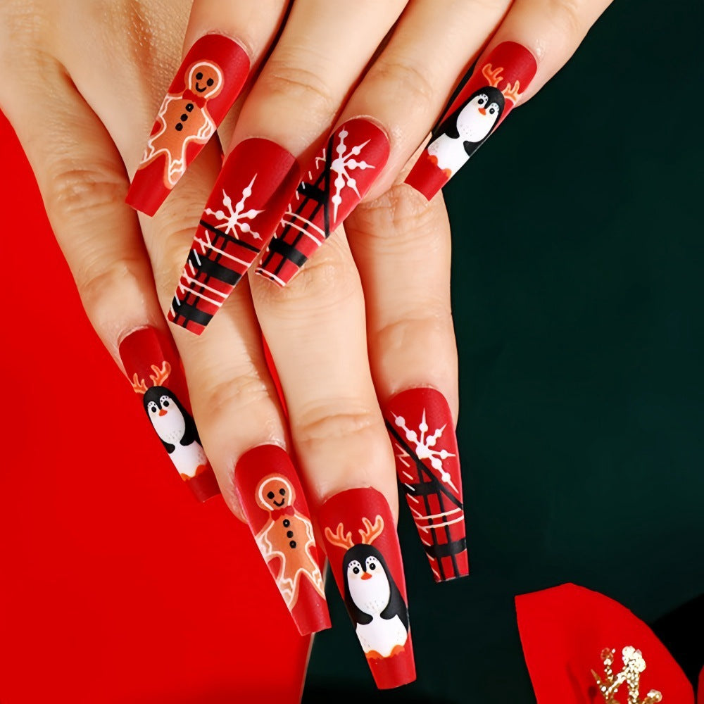 Festive Red Coffin Press-On Nails – Penguin & Gingerbread Design Nail Art