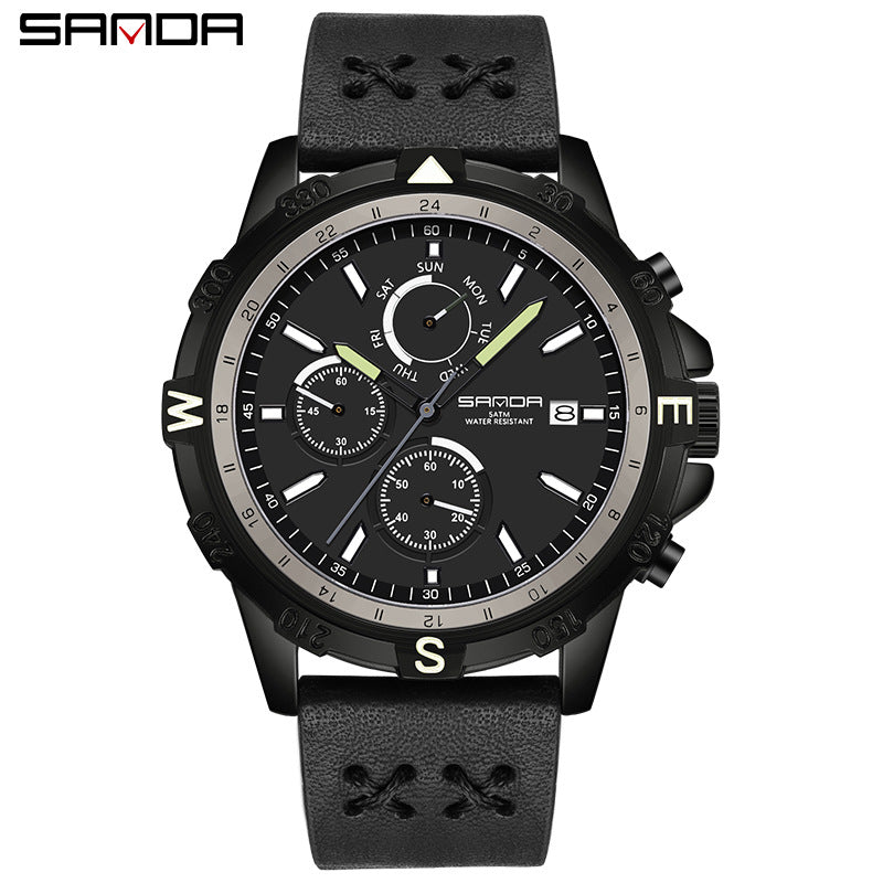 SANDA Men's Outdoor Sports Quartz Watch – Calendar, Detachable Leather Strap