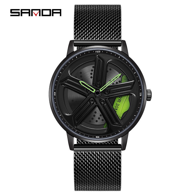 Sanda Men’s Mesh Quartz Watch – 360° Rotating Dial, Hollow Design, Waterproof Wristwatch