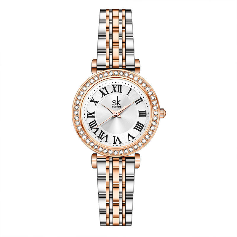 SK Women’s Quartz Watch – Diamond-Studded Dial, Waterproof Fashion Wristwatch