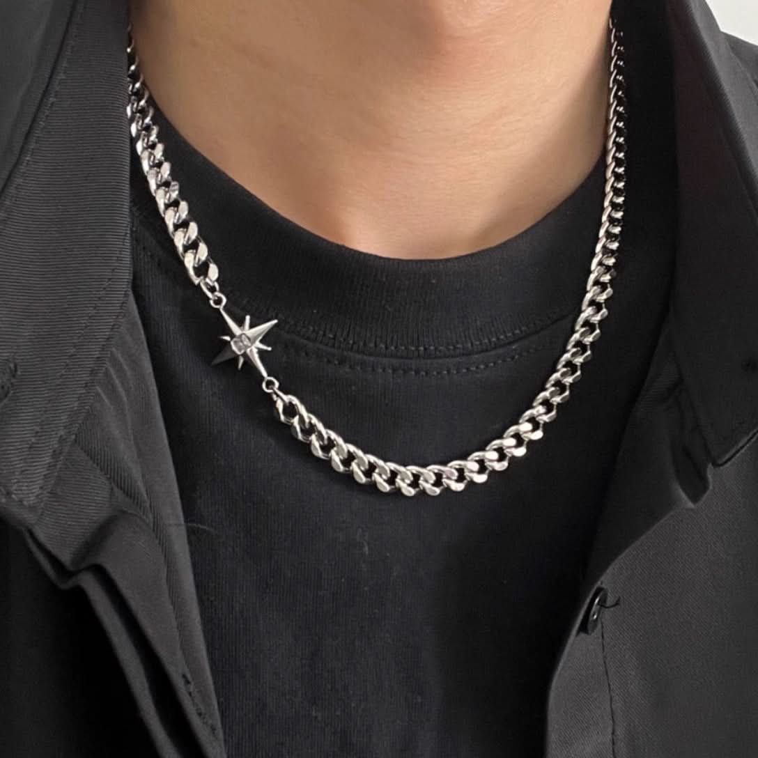 Men’s Eight-Pointed Star Pendant Necklace – Cuban Chain