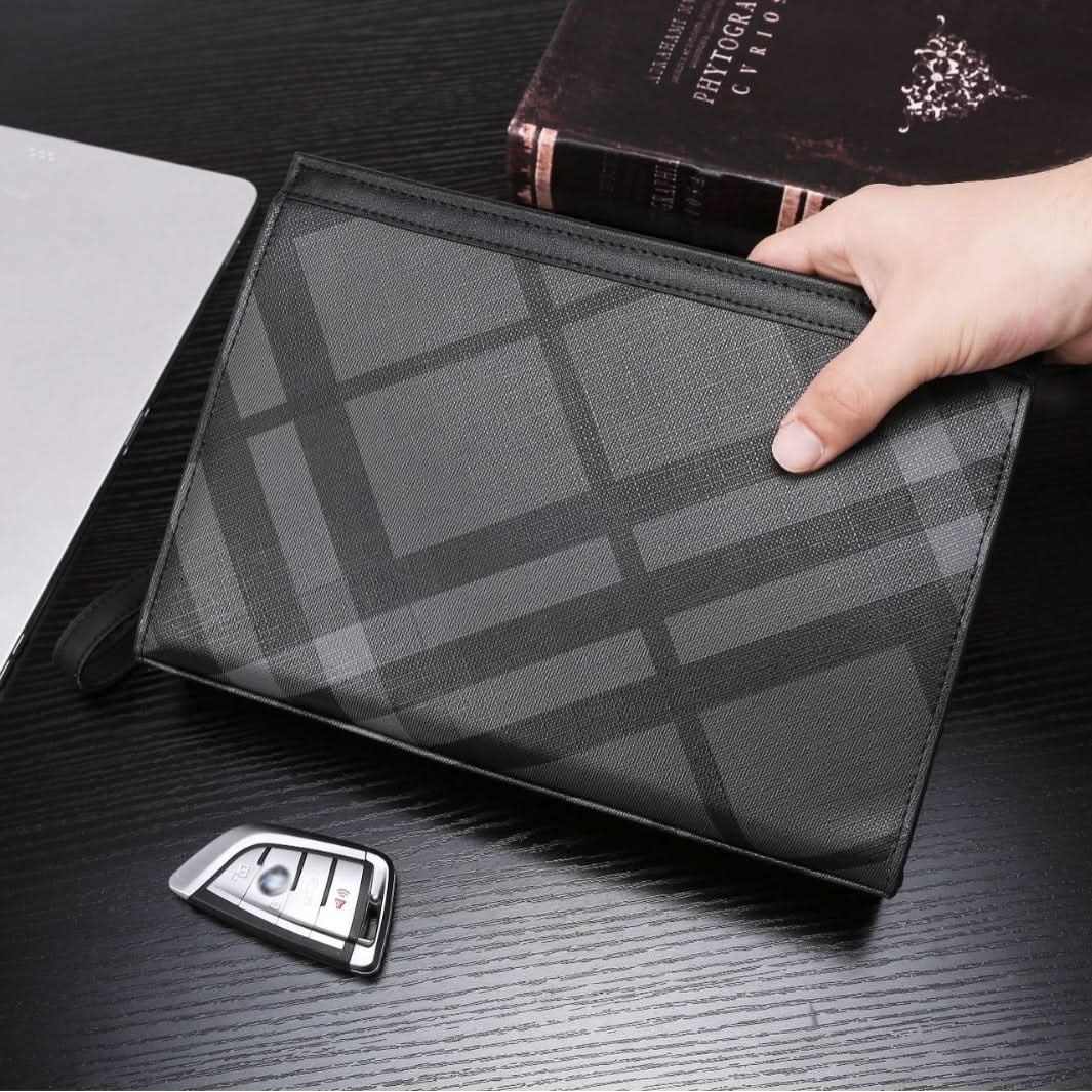 Men’s Plaid PU Leather Clutch Wallet – Business Handbag