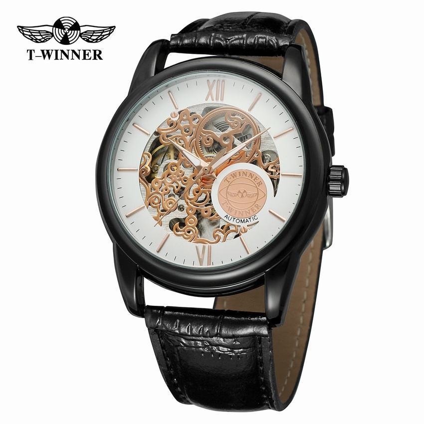 T-WINNER Hollow Automatic Mechanical Watch for Men – Leather Strap Fashion Timepiece