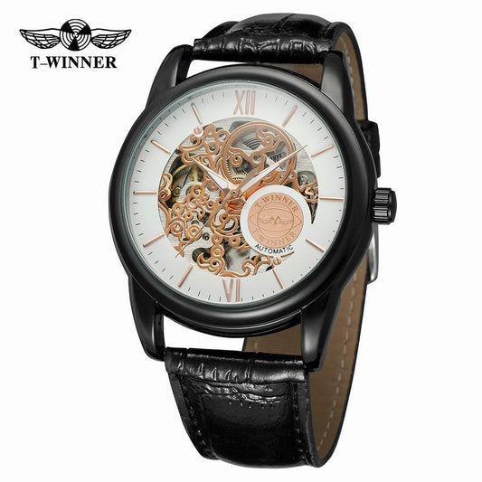 T-WINNER Hollow Automatic Mechanical Watch for Men – Leather Strap Fashion Timepiece