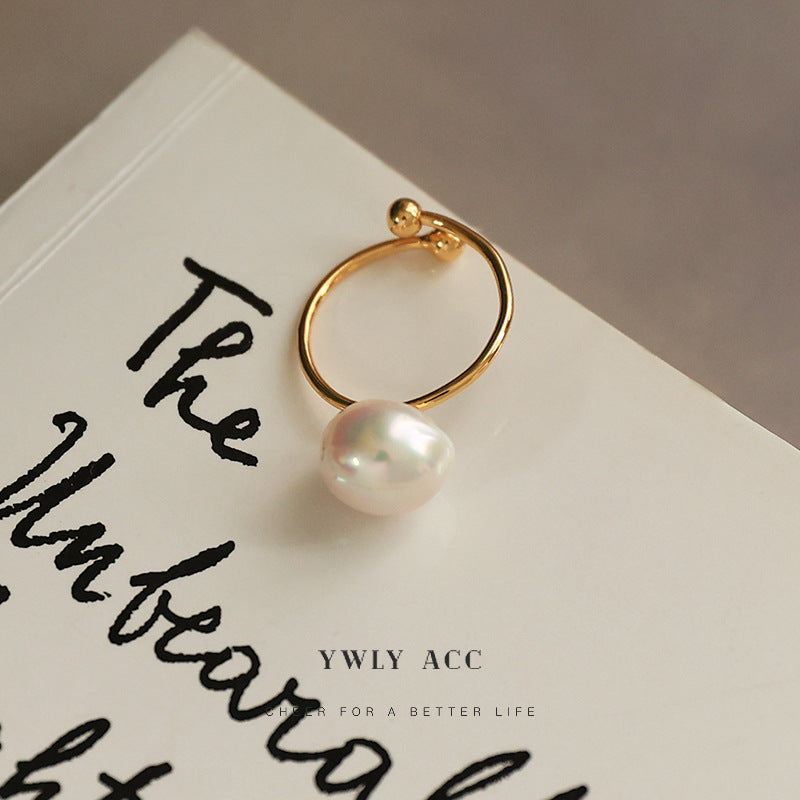 Baroque Pearl Open Ring – Elegant Adjustable Gold Ring for Women