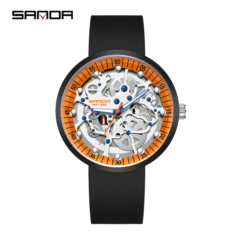 Sanda Men's Electronic Watch – Hollow Dial, Silicone Strap, Waterproof Shockproof