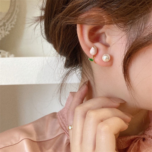 Pink Tulip Pearl Earrings – Floral Studs with Freshwater Pearl for Women’s Jewelry
